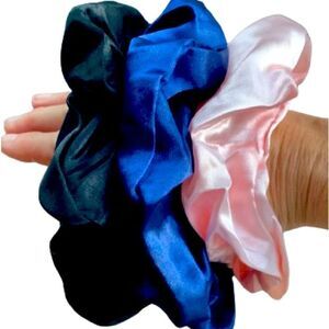 Set of 3 Oversized Silky Satin Scrunchies - Black, Pink & Blue